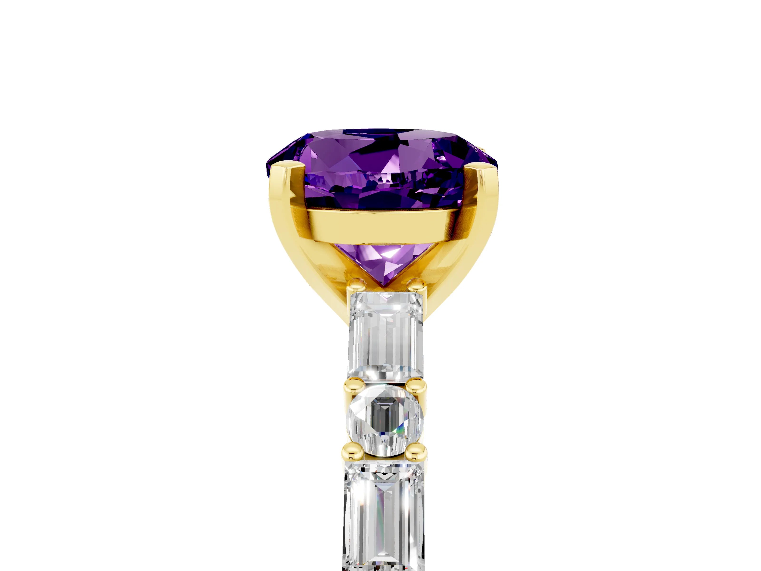 Yellow gold Round Cut Amethyst Solitaire with Side Baguettes and Channel Set Band_5