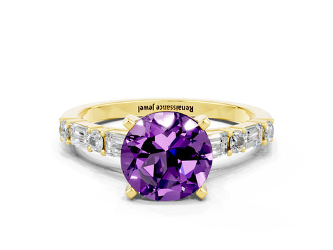 Yellow gold Round Cut Amethyst Solitaire with Side Baguettes and Channel Set Band