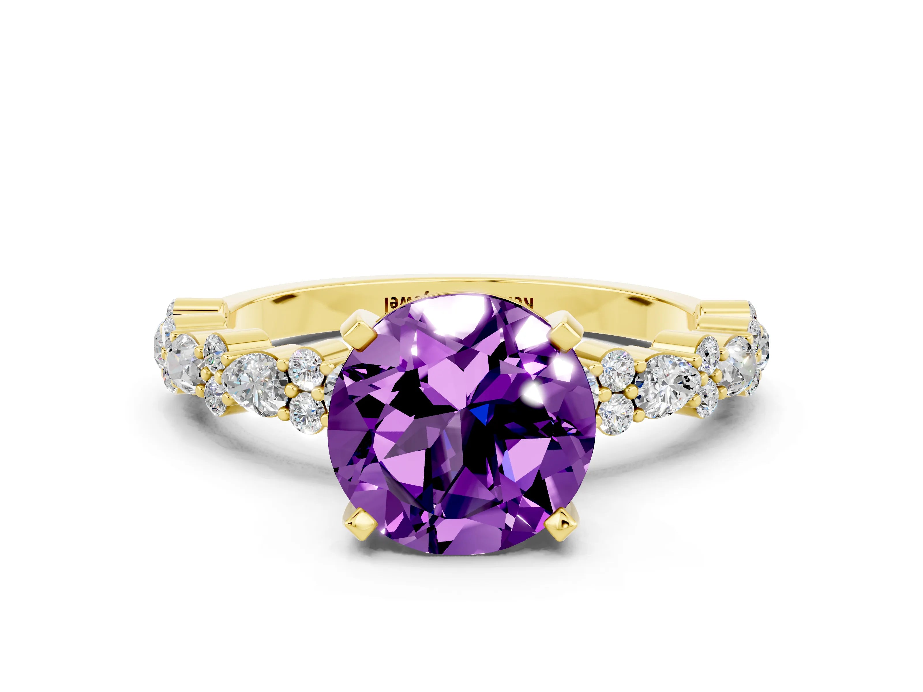 Yellow gold Round Cut Amethyst Solitaire with Side Stones, Pave Band, Four-Prong Setting_36