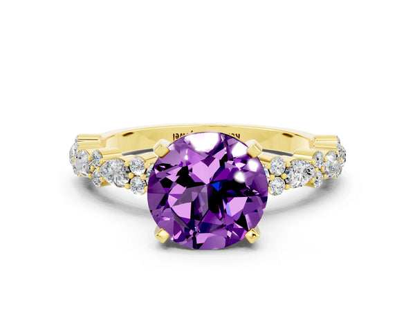 Yellow gold Round Cut Amethyst Side Stone Solitaire Ring with Round  and Four-Prong Setting