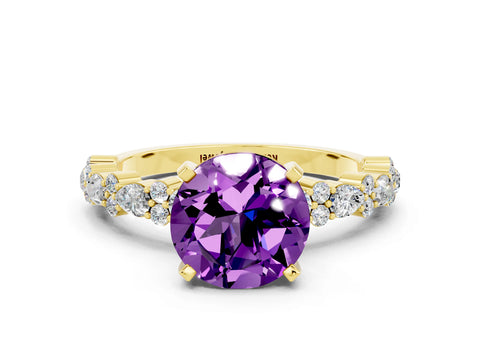 Yellow gold Round Cut Amethyst Solitaire with Side Stones, Pave Band, Four-Prong Setting_36