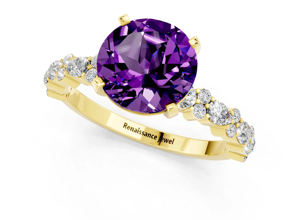 Yellow gold Round Cut Amethyst Side Stone Solitaire Ring with Round  and Four-Prong Setting