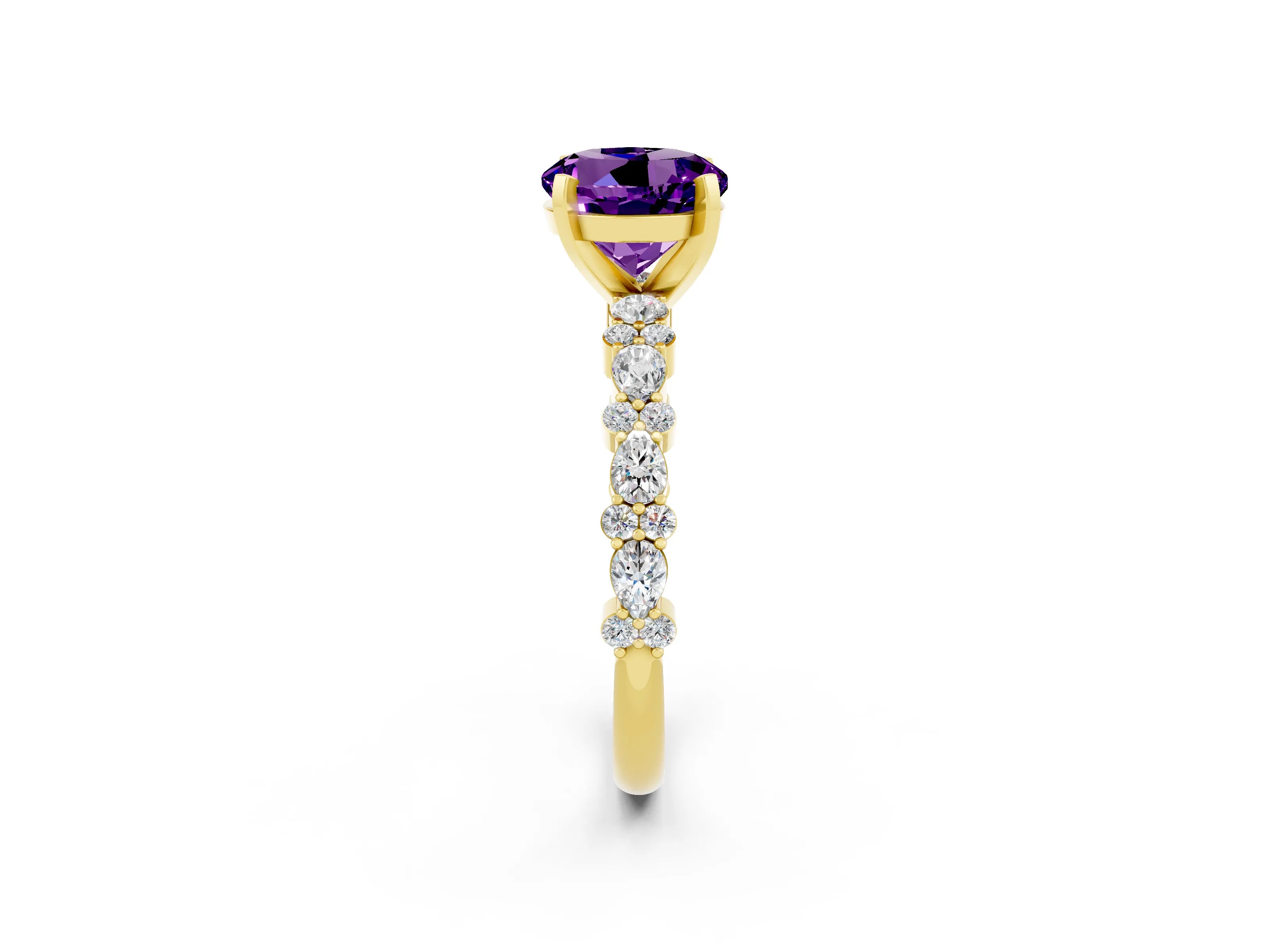 Yellow gold Round Cut Amethyst Solitaire with Side Stones, Pave Band, Four-Prong Setting_38