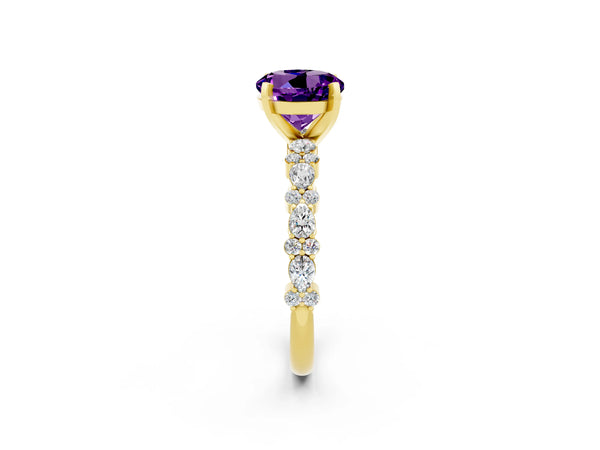 Yellow gold Round Cut Amethyst Side Stone Solitaire Ring with Round  and Four-Prong Setting
