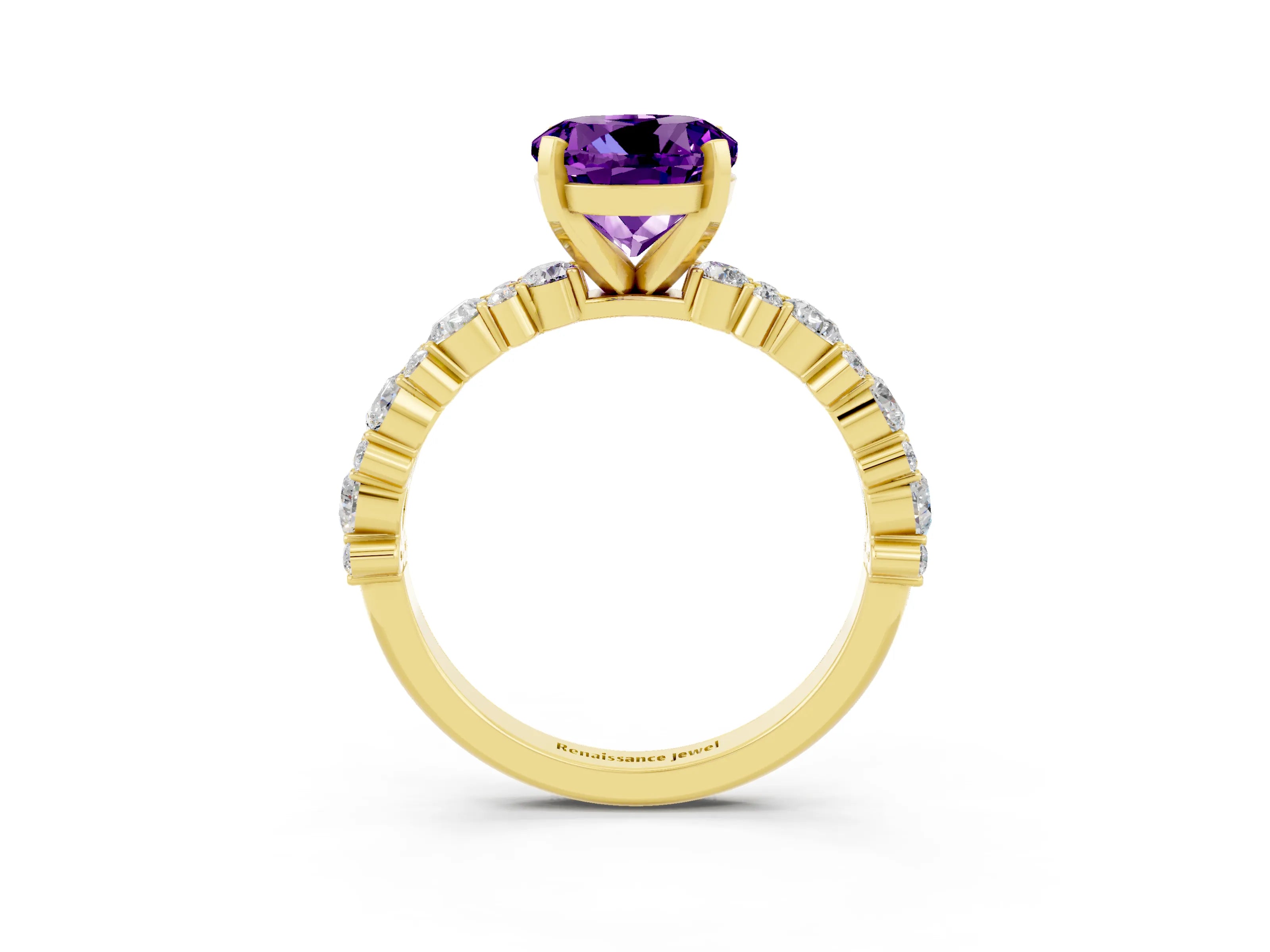 Yellow gold Round Cut Amethyst Solitaire with Side Stones, Pave Band, Four-Prong Setting_39