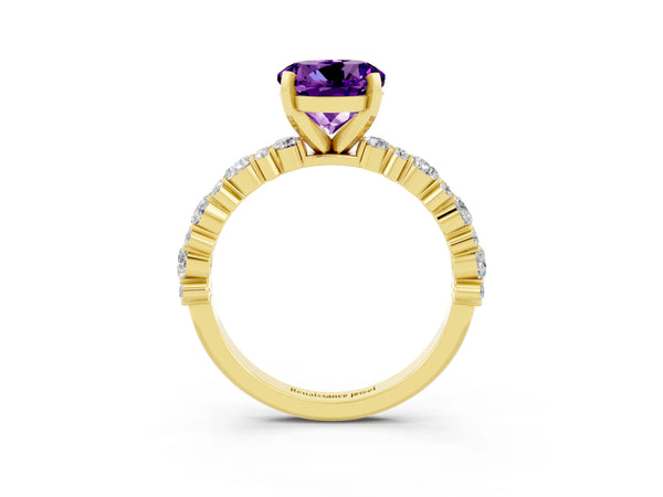 Yellow gold Round Cut Amethyst Side Stone Solitaire Ring with Round  and Four-Prong Setting