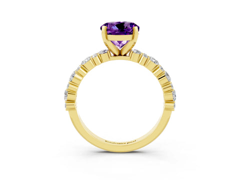 Yellow gold Round Cut Amethyst Solitaire with Side Stones, Pave Band, Four-Prong Setting_39
