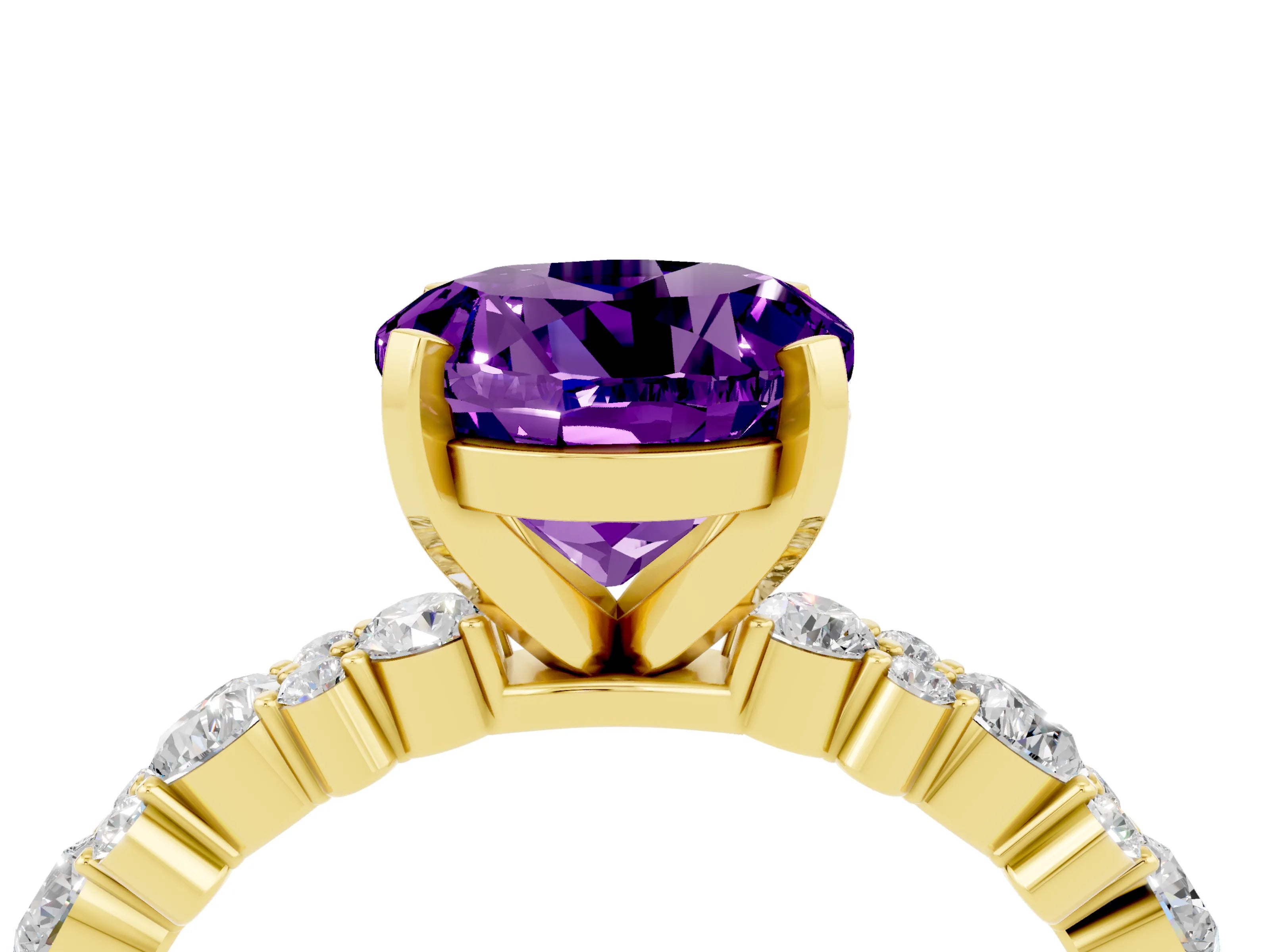 Yellow gold Round Cut Amethyst Solitaire with Side Stones, Pave Band, Four-Prong Setting_40