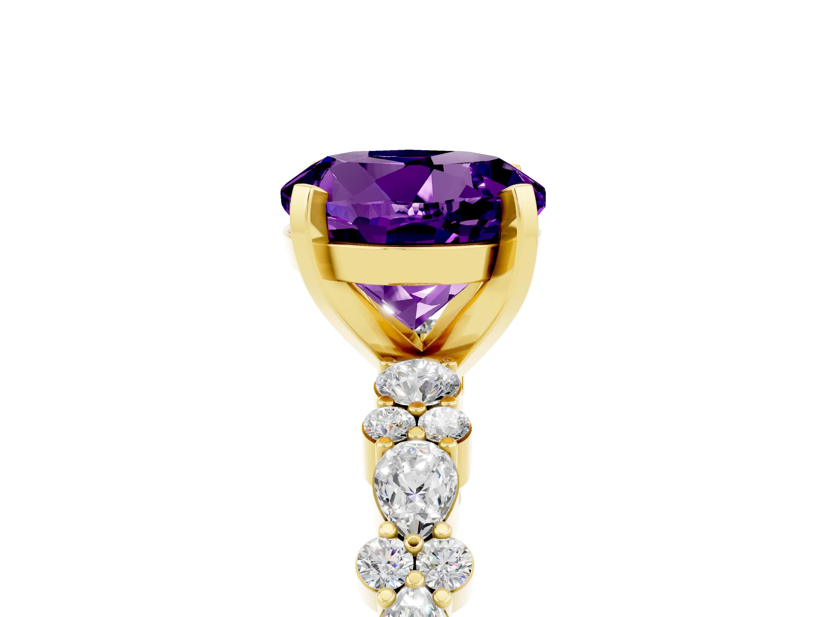 Yellow gold Round Cut Amethyst Solitaire with Side Stones, Pave Band, Four-Prong Setting_41