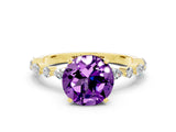 Yellow gold Round Cut Amethyst Solitaire with Side Stones on a Pavé Band and Four-Prong Setting