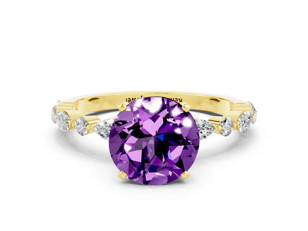 Yellow gold Round Cut Amethyst Ring with Marquise and Round  Side Stones and Four-Prong Setting