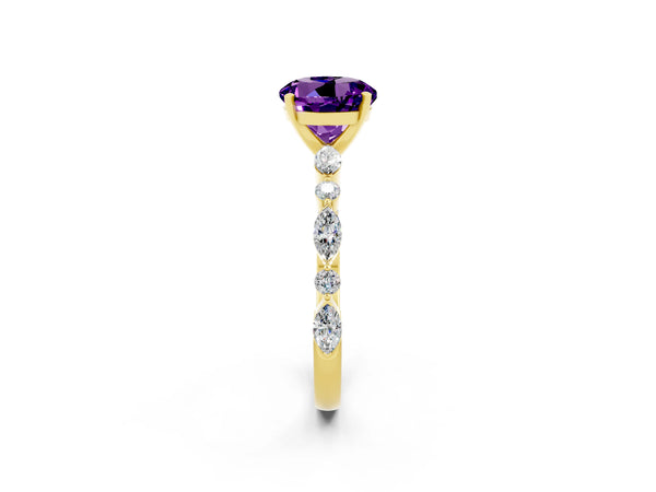 Yellow gold Round Cut Amethyst Ring with Marquise and Round  Side Stones and Four-Prong Setting