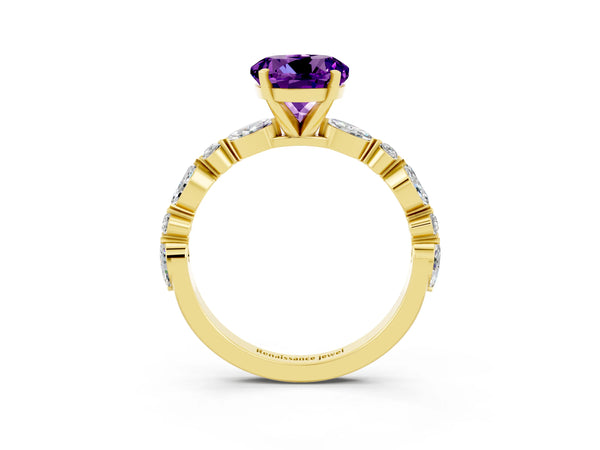 Yellow gold Round Cut Amethyst Ring with Marquise and Round  Side Stones and Four-Prong Setting