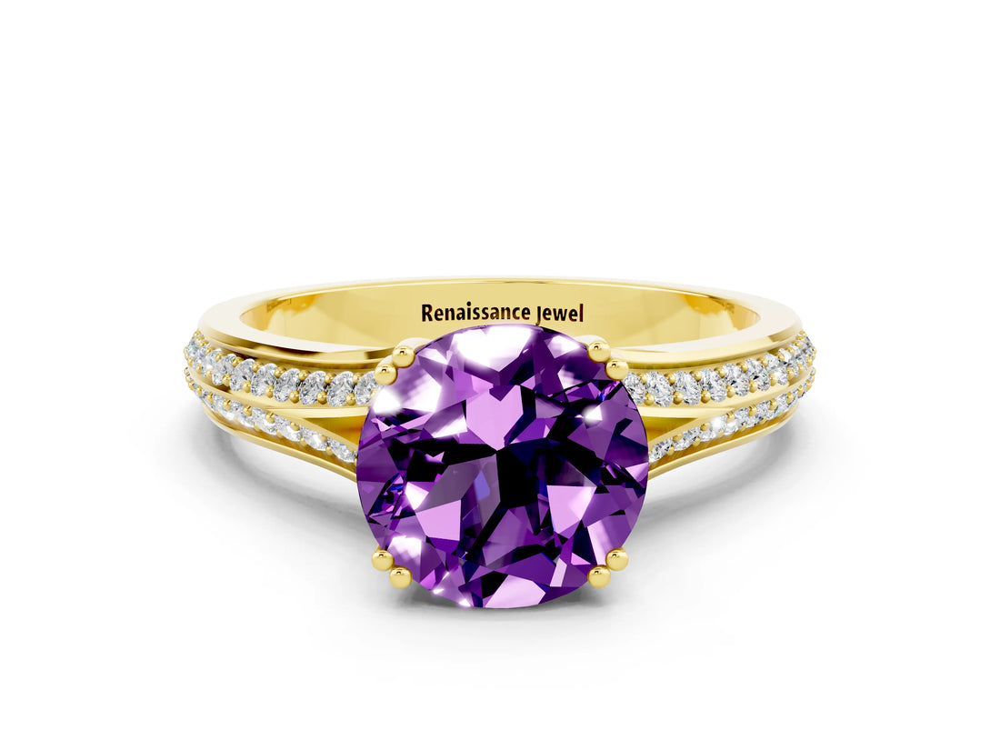 Yellow gold Round Cut Amethyst Split Shank Engagement Ring with Pavé Band