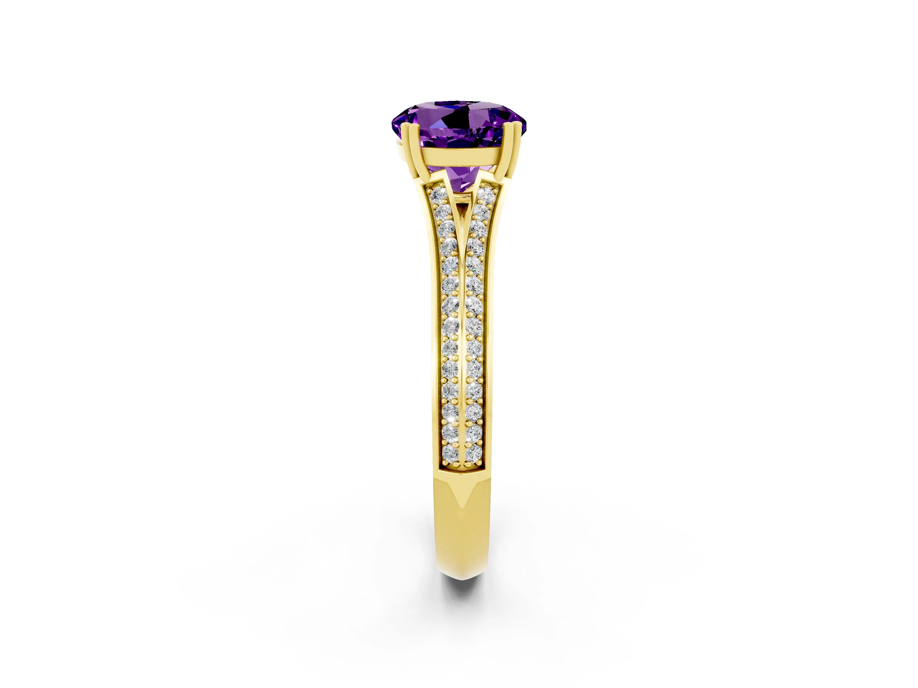 Yellow gold Round Cut Amethyst Split Shank Engagement Ring with Pavé Band_2