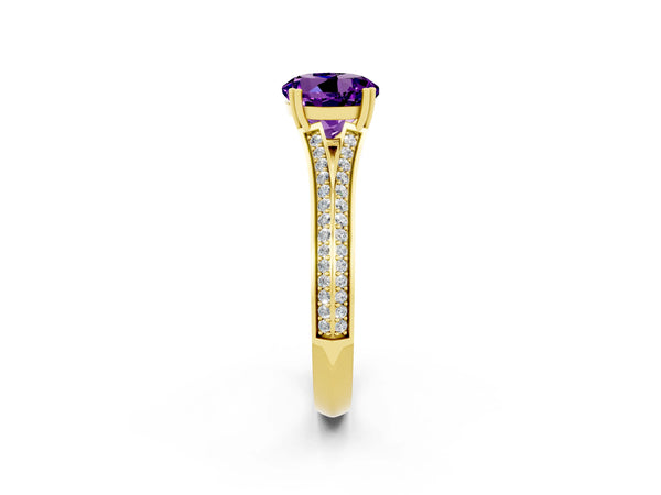 Yellow gold Round Cut Amethyst Split Shank Engagement Ring with Pavé Band