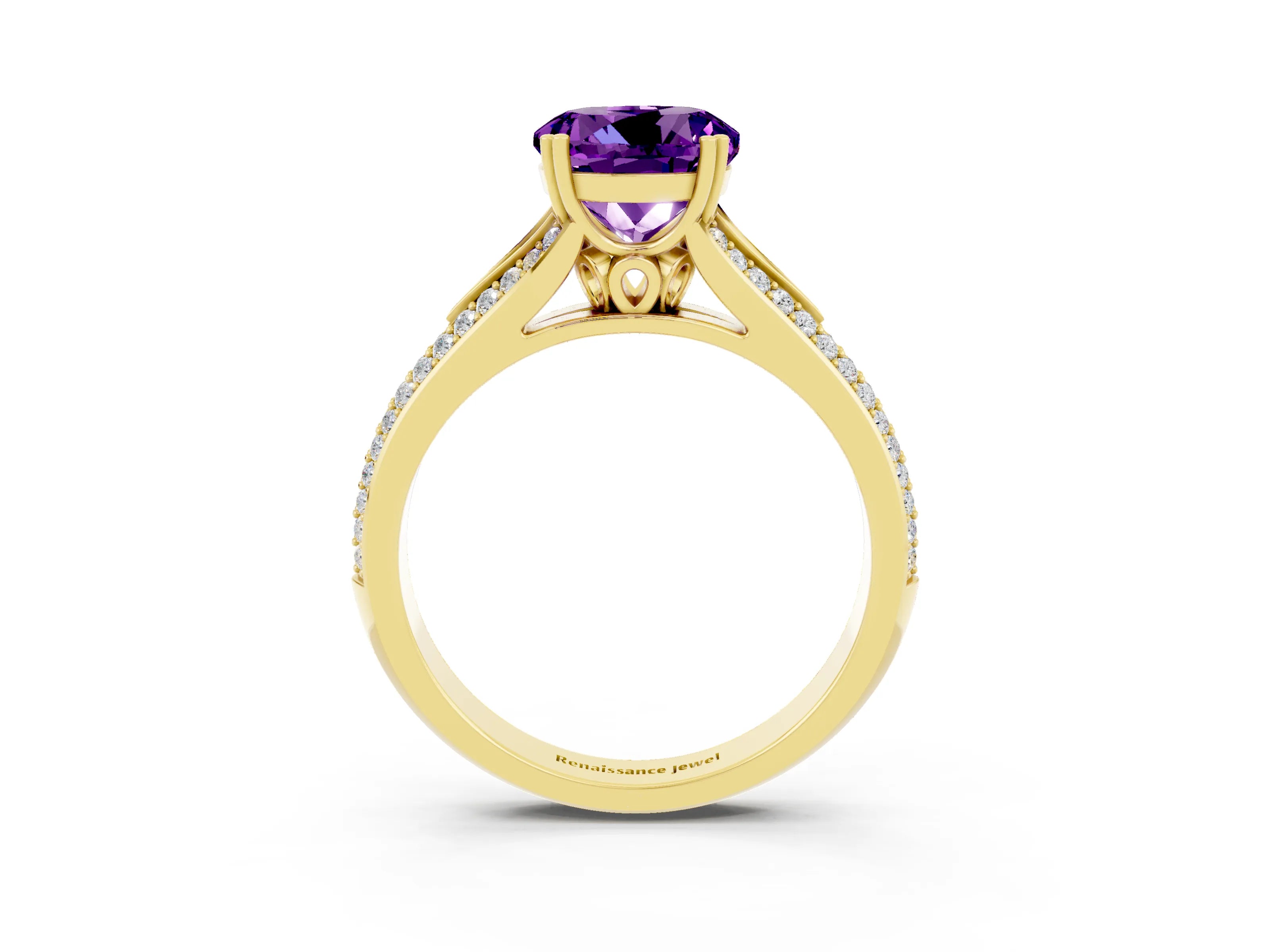 Yellow gold Round Cut Amethyst Split Shank Engagement Ring with Pavé Band_3