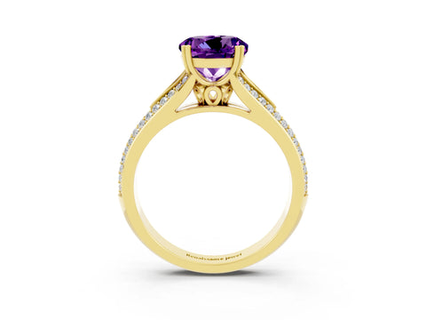 Yellow gold Round Cut Amethyst Split Shank Engagement Ring with Pavé Band_3