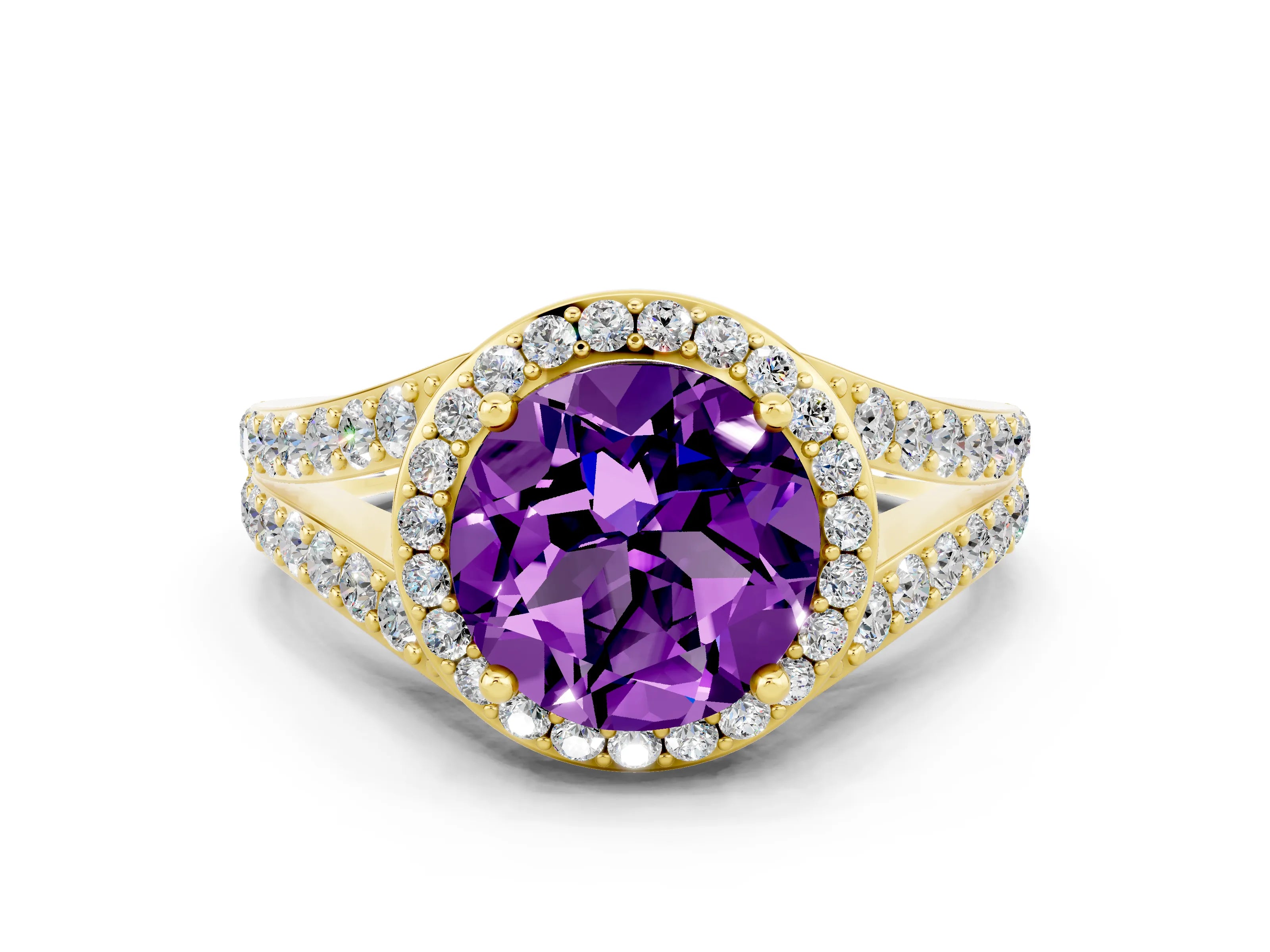 Yellow gold Round Cut Amethyst Split Shank Halo Ring with Four-Prong Setting_12
