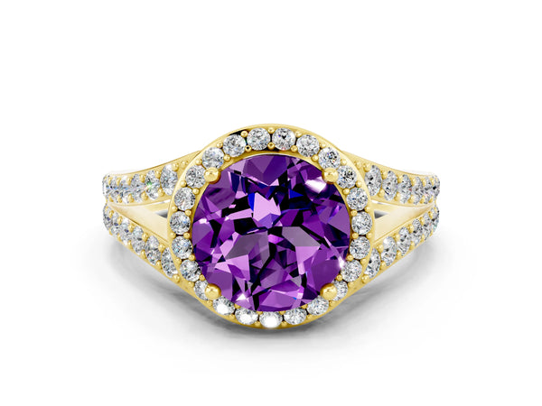 Yellow gold Round Cut Amethyst Split Shank Halo Ring with Four-Prong Setting