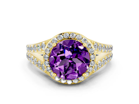 Yellow gold Round Cut Amethyst Split Shank Halo Ring with Four-Prong Setting_12