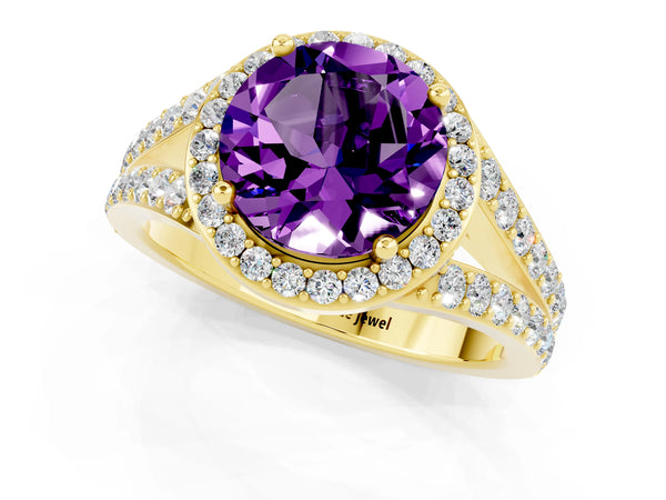 Yellow gold Round Cut Amethyst Split Shank Halo Ring with Four-Prong Setting