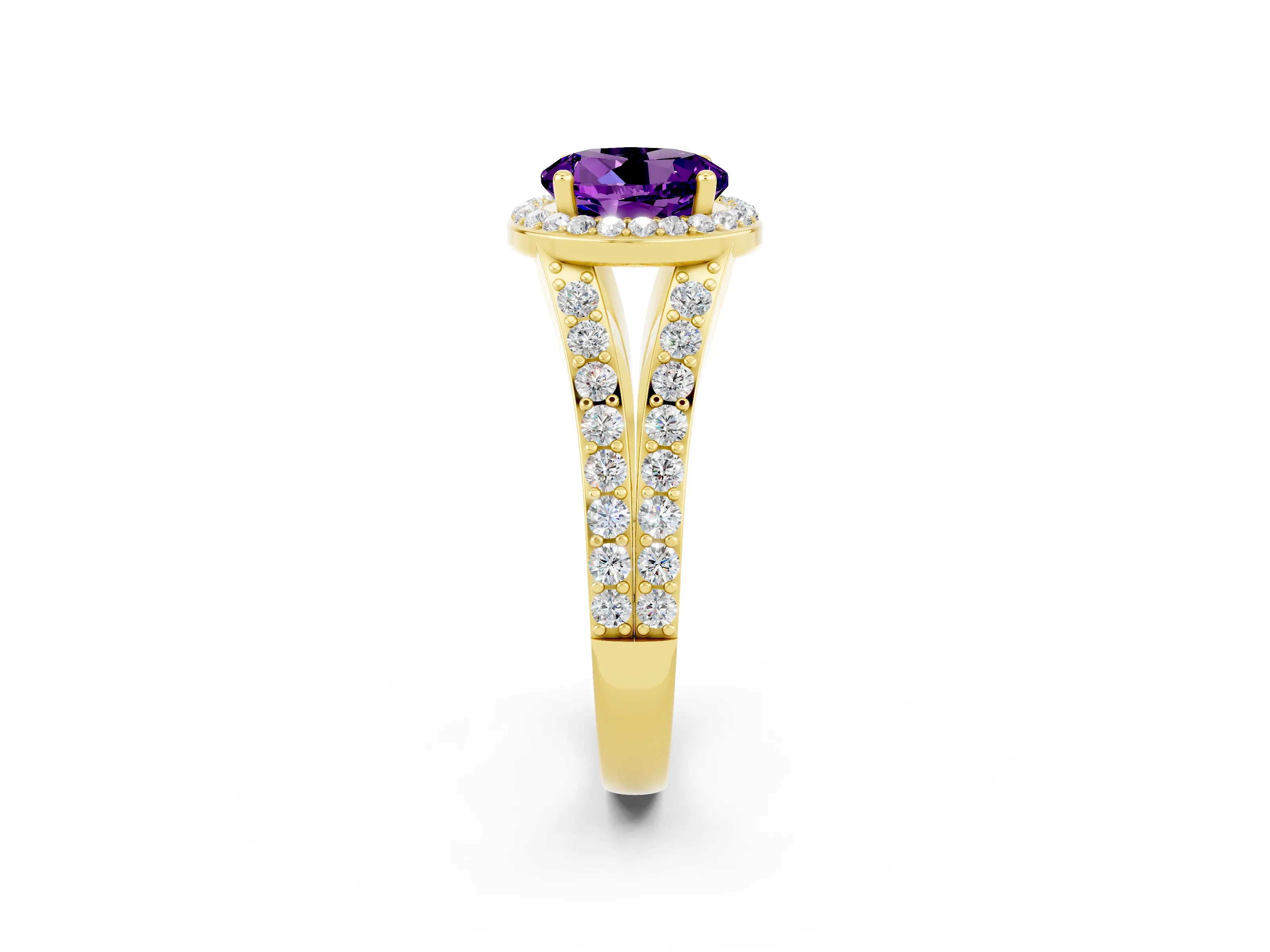 Yellow gold Round Cut Amethyst Split Shank Halo Ring with Four-Prong Setting_14