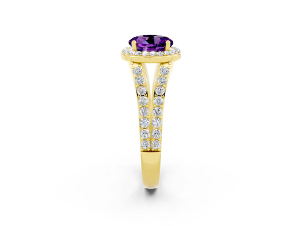 Yellow gold Round Cut Amethyst Split Shank Halo Ring with Four-Prong Setting