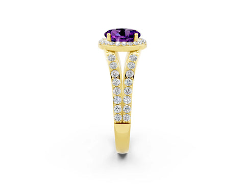 Yellow gold Round Cut Amethyst Split Shank Halo Ring with Four-Prong Setting_14