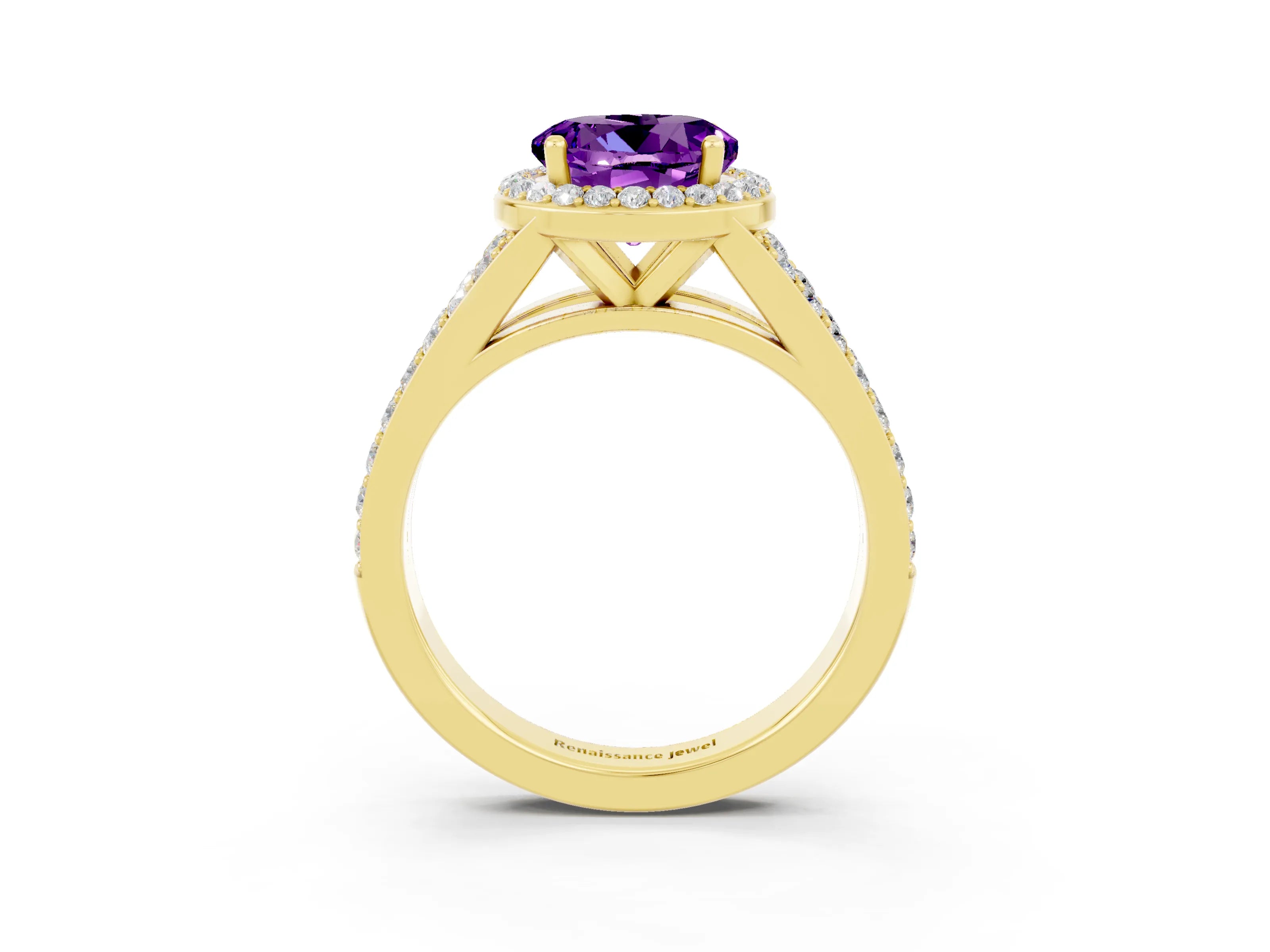 Yellow gold Round Cut Amethyst Split Shank Halo Ring with Four-Prong Setting_15
