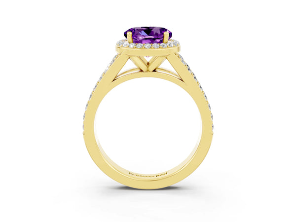 Yellow gold Round Cut Amethyst Split Shank Halo Ring with Four-Prong Setting
