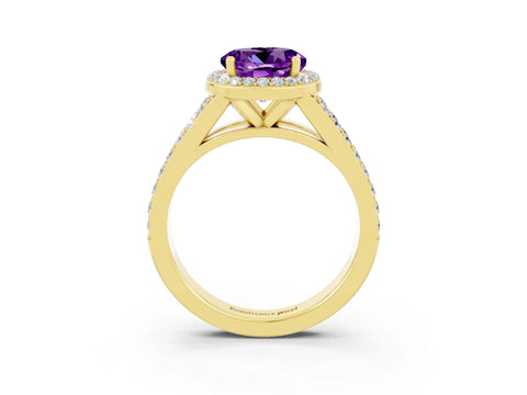Yellow gold Round Cut Amethyst Split Shank Halo Ring with Four-Prong Setting_15