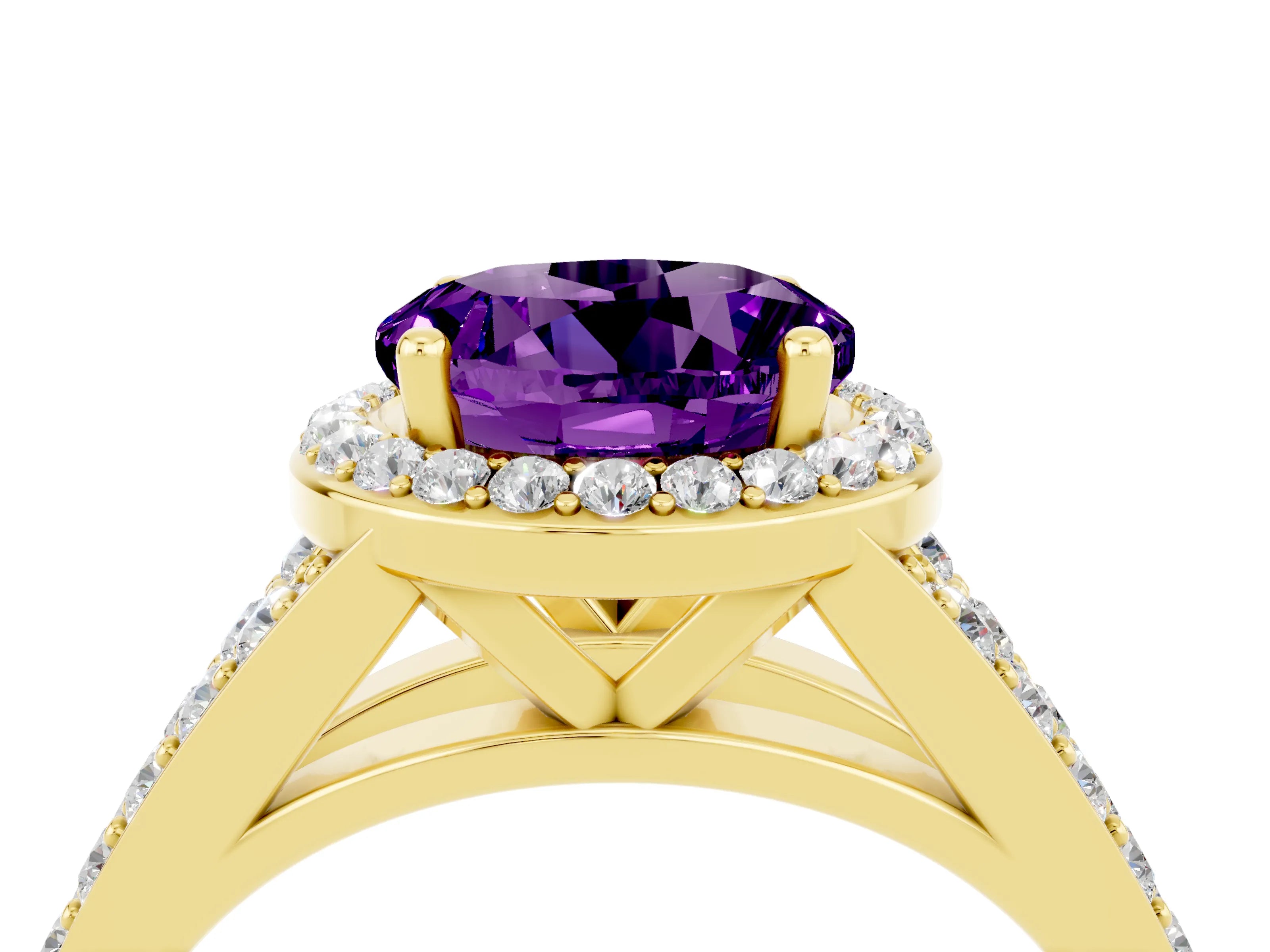 Yellow gold Round Cut Amethyst Split Shank Halo Ring with Four-Prong Setting_16