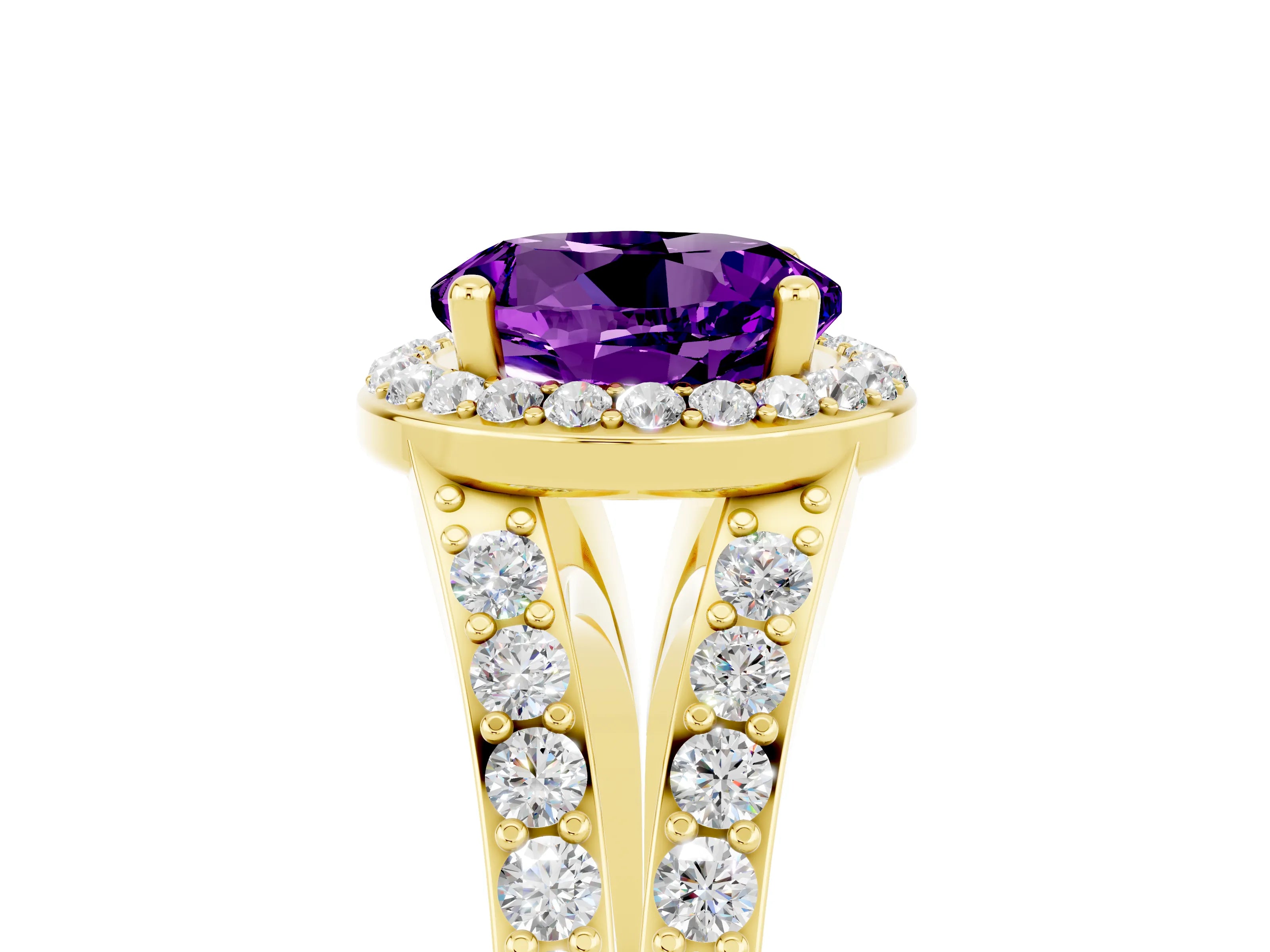 Yellow gold Round Cut Amethyst Split Shank Halo Ring with Four-Prong Setting_17