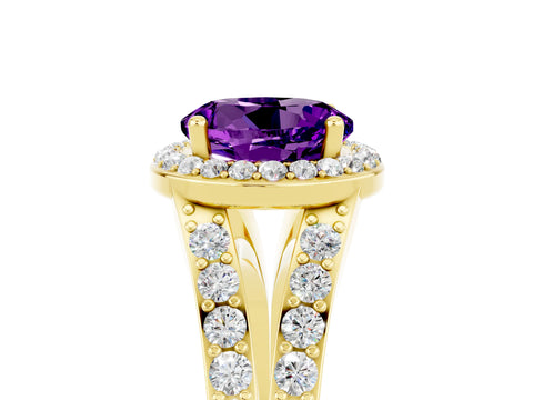 Yellow gold Round Cut Amethyst Split Shank Halo Ring with Four-Prong Setting_17
