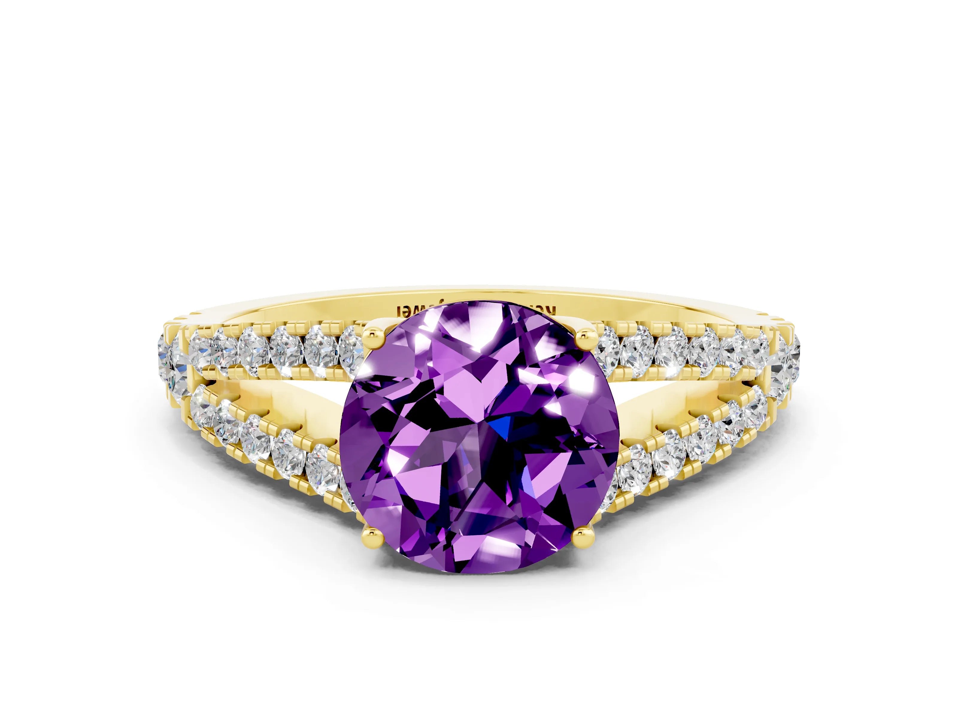 Yellow gold Round Cut Amethyst Split Shank Pavé Engagement Ring with Four-Prong Setting_12