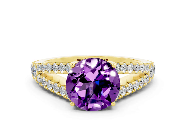 Yellow gold Round Cut Amethyst Split Shank Pavé Engagement Ring with Four-Prong Setting