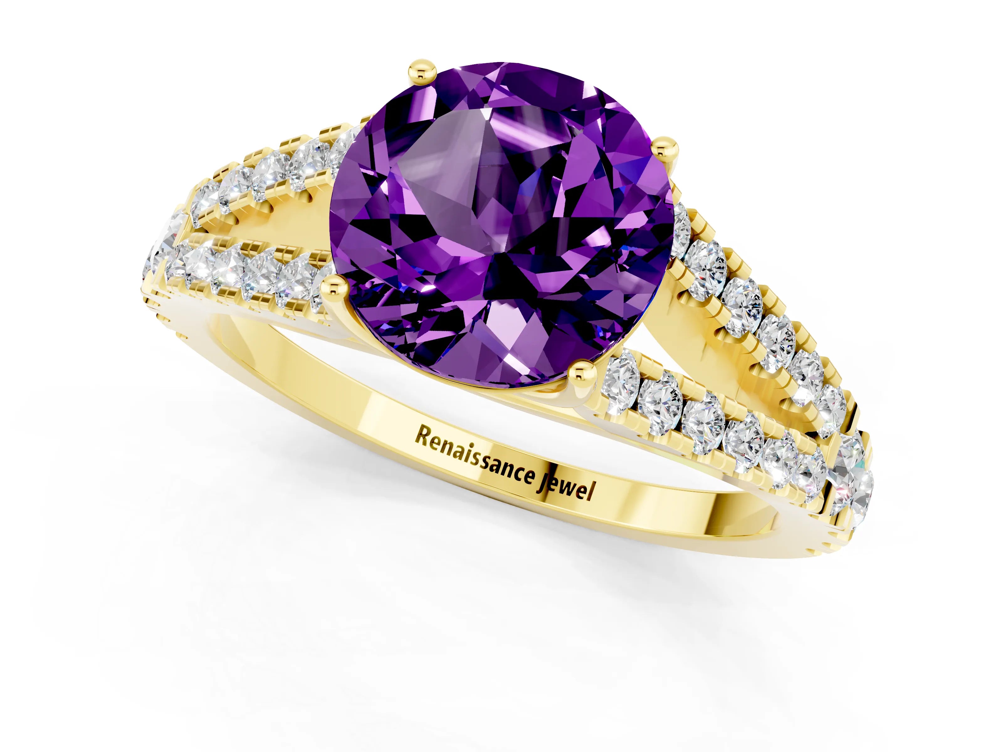 Yellow gold Round Cut Amethyst Split Shank Pavé Engagement Ring with Four-Prong Setting_13