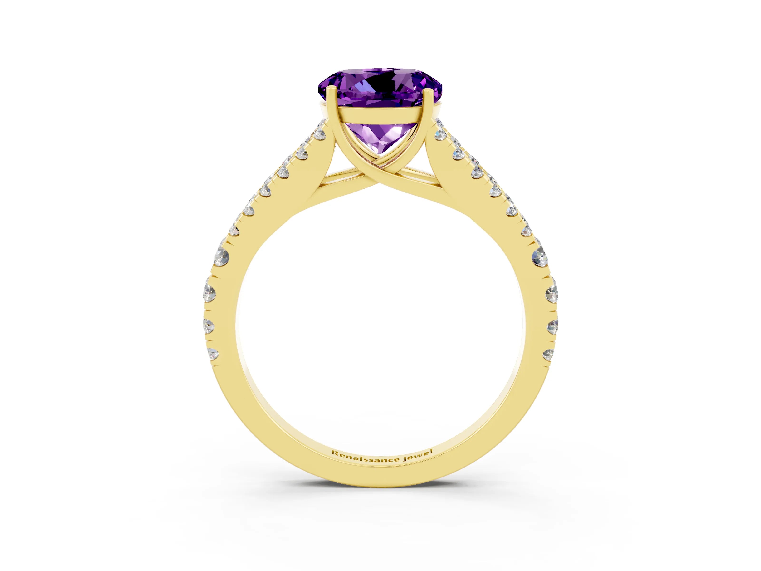 Yellow gold Round Cut Amethyst Split Shank Pavé Engagement Ring with Four-Prong Setting_15
