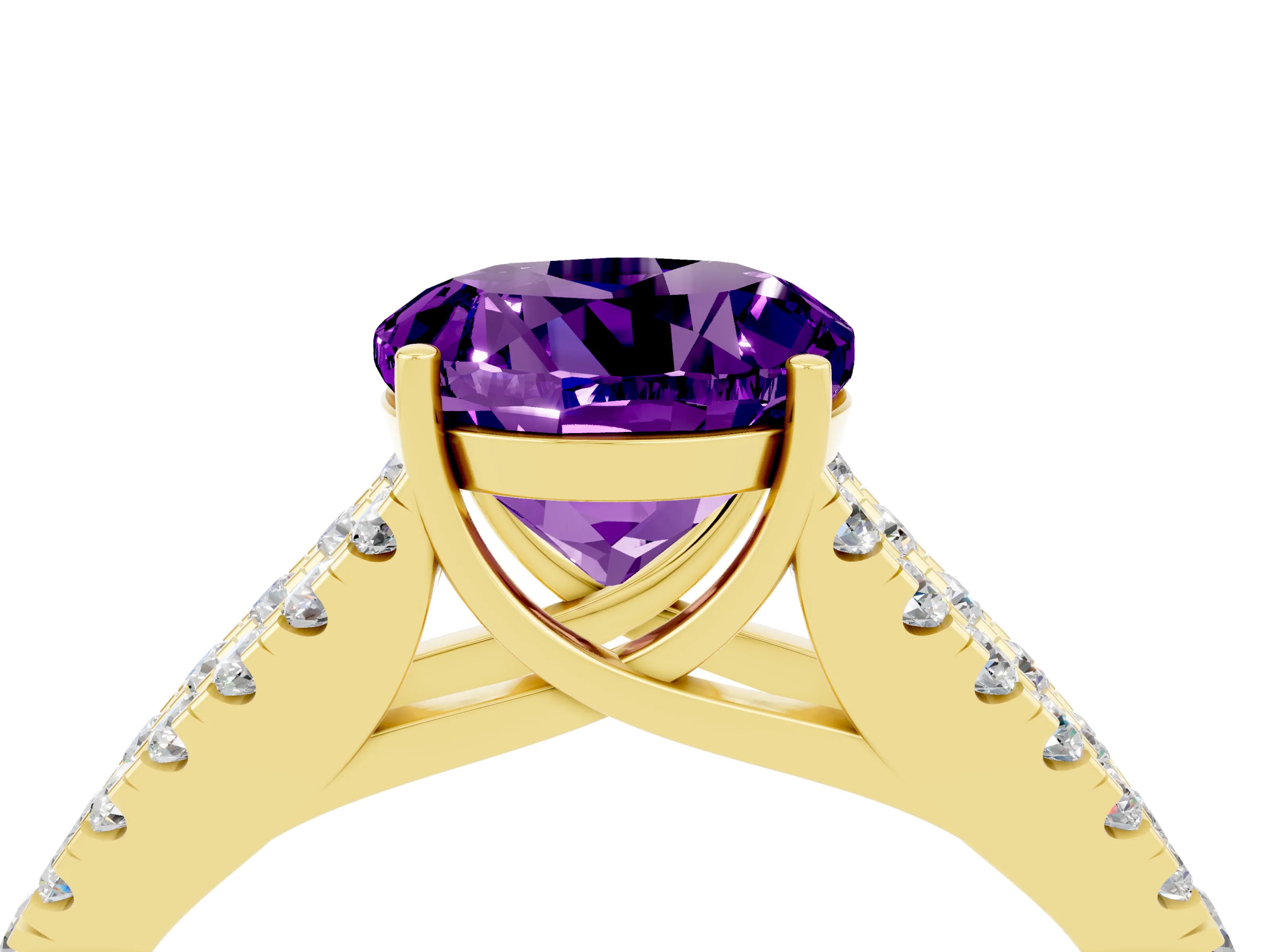 Yellow gold Round Cut Amethyst Split Shank Pavé Engagement Ring with Four-Prong Setting_16