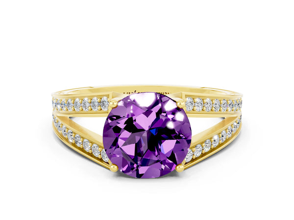 Yellow gold Round Cut Amethyst Split Shank Ring with Pavé Band and Four-Prong Setting