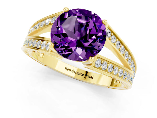 Yellow gold Round Cut Amethyst Split Shank Ring with Pavé Band and Four-Prong Setting