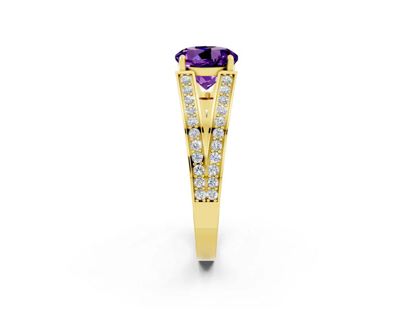 Yellow gold Round Cut Amethyst Split Shank Ring with Pavé Band and Four-Prong Setting