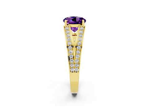 Yellow gold Round Cut Amethyst Split Shank Ring with Pavé Band and Four-Prong Setting_2