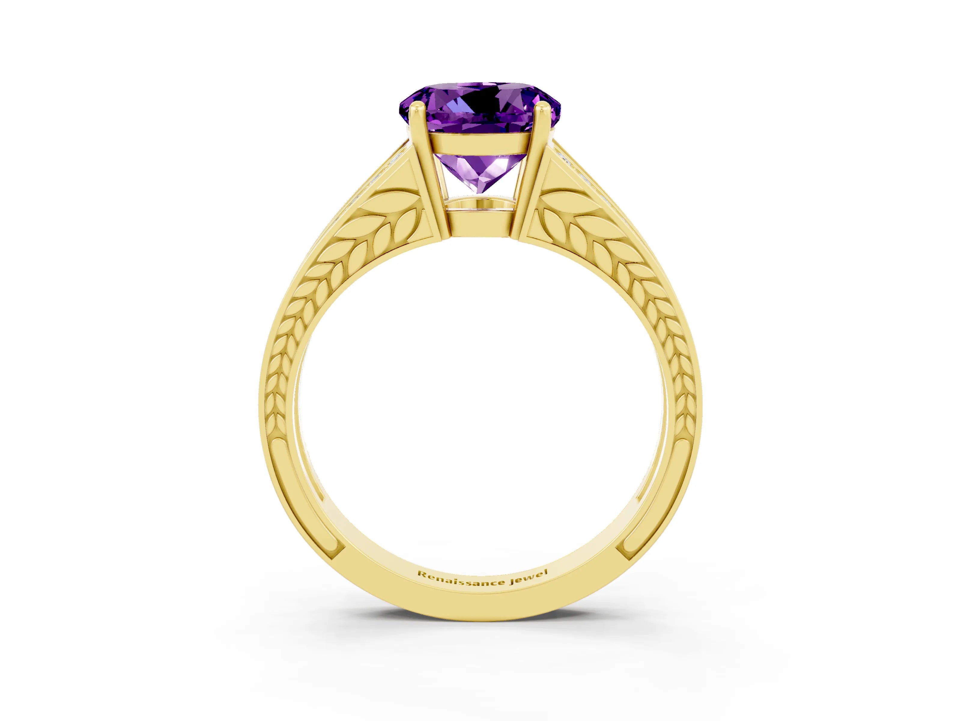 Yellow gold Round Cut Amethyst Split Shank Ring with Pavé Band and Four-Prong Setting_3