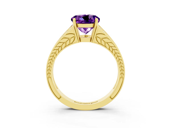Yellow gold Round Cut Amethyst Split Shank Ring with Pavé Band and Four-Prong Setting