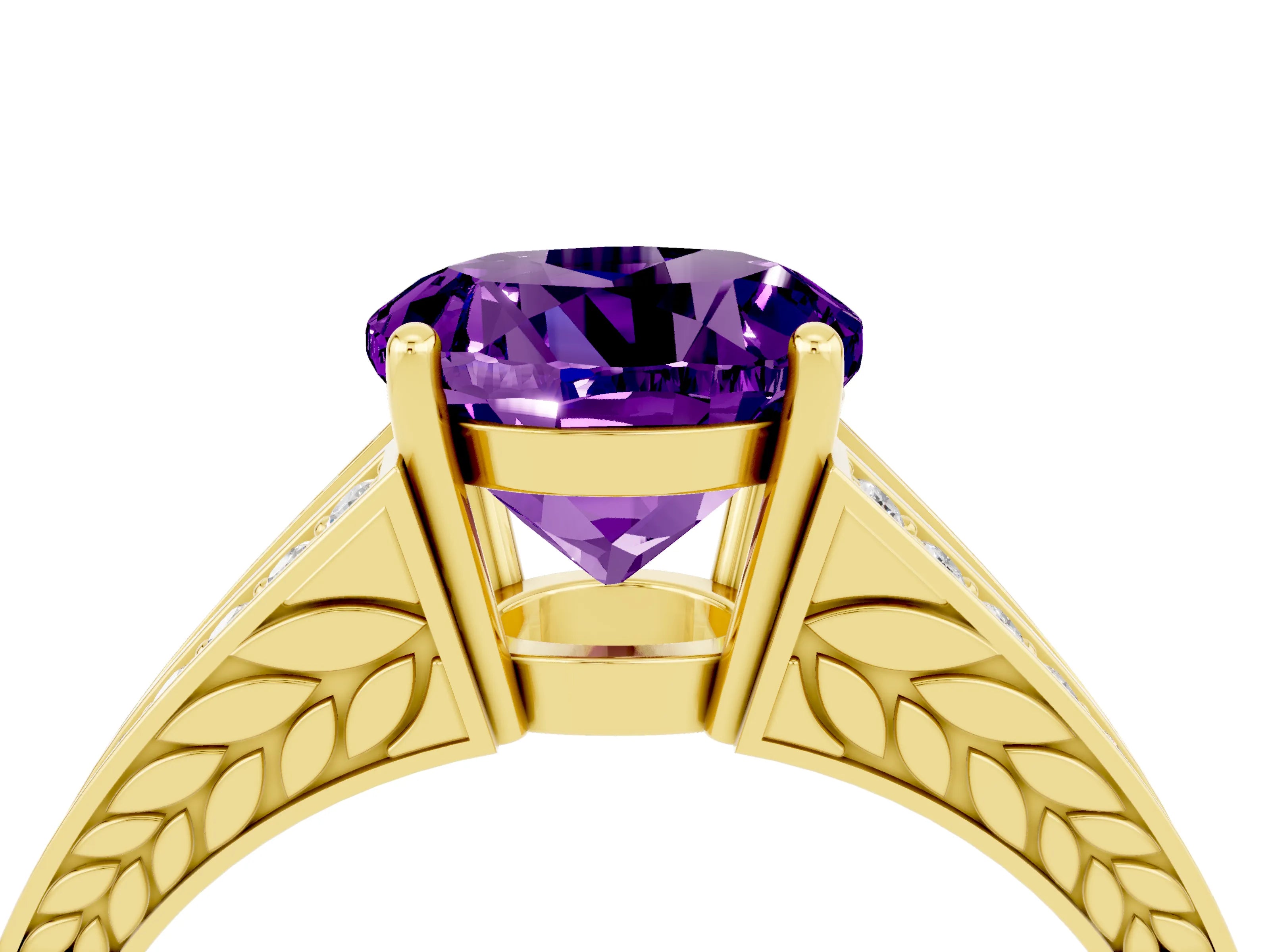 Yellow gold Round Cut Amethyst Split Shank Ring with Pavé Band and Four-Prong Setting_4