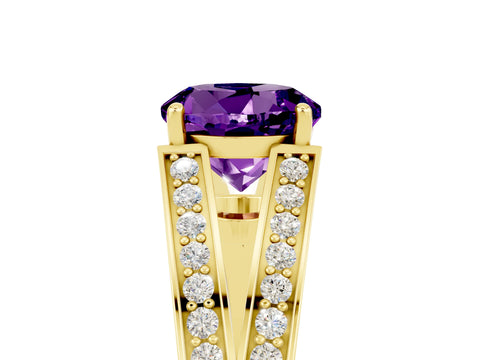 Yellow gold Round Cut Amethyst Split Shank Ring with Pavé Band and Four-Prong Setting_5