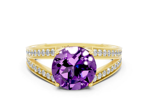 Yellow gold Round Cut Amethyst Split Shank Ring with Pavé Band and Four-Prong Setting