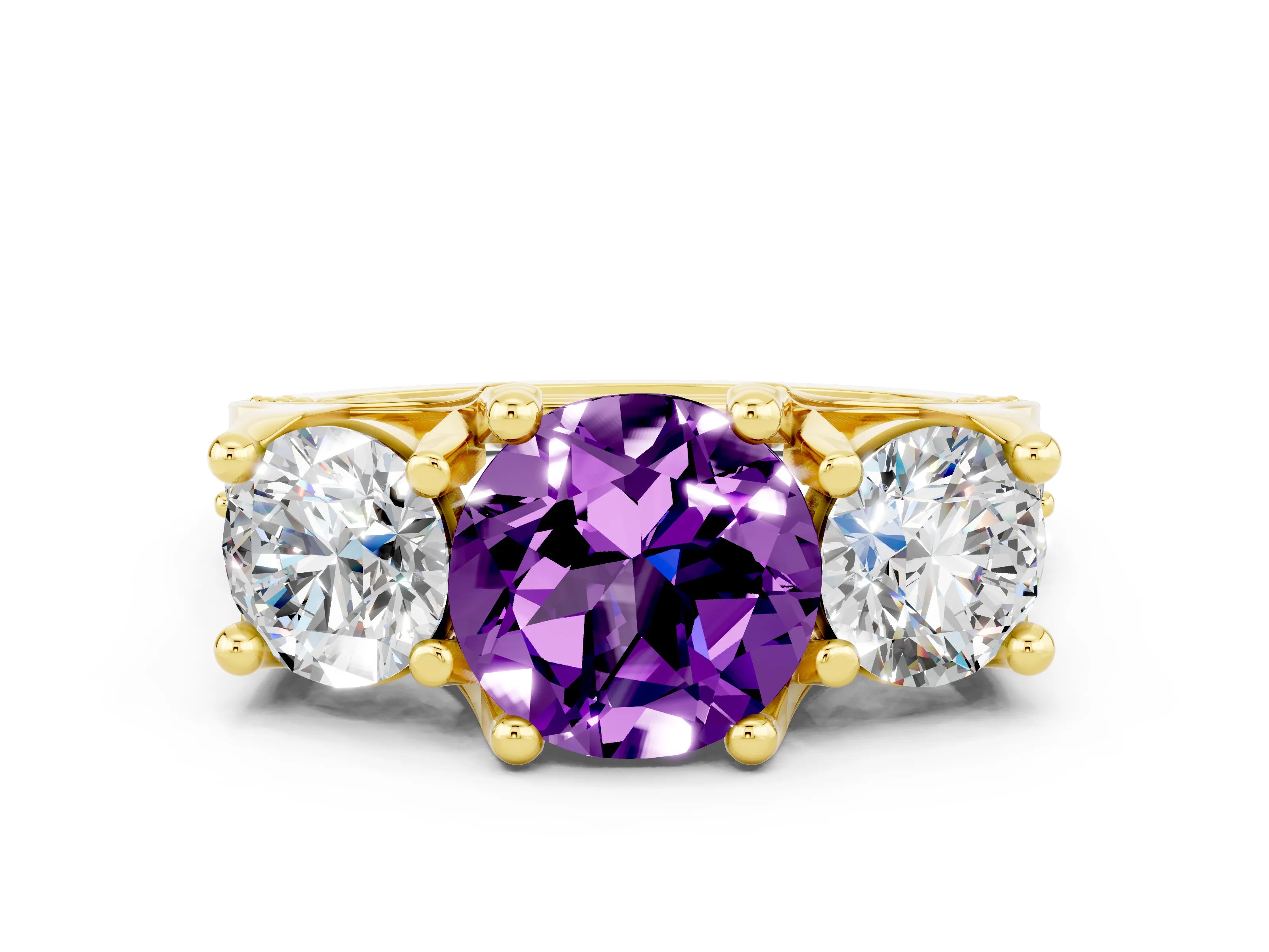 Yellow gold Round Cut Amethyst Three-Stone Ring with Channel Set Band and Four-Prong Setting